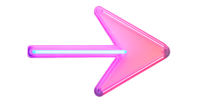 Glowing pink neon arrow pointing right, direction sign, cut out transparent