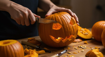 Person carving Halloween pumpkin with a knife on wooden table  