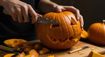 Pumpkin carving with hands holding knife in cozy kitchen setting  