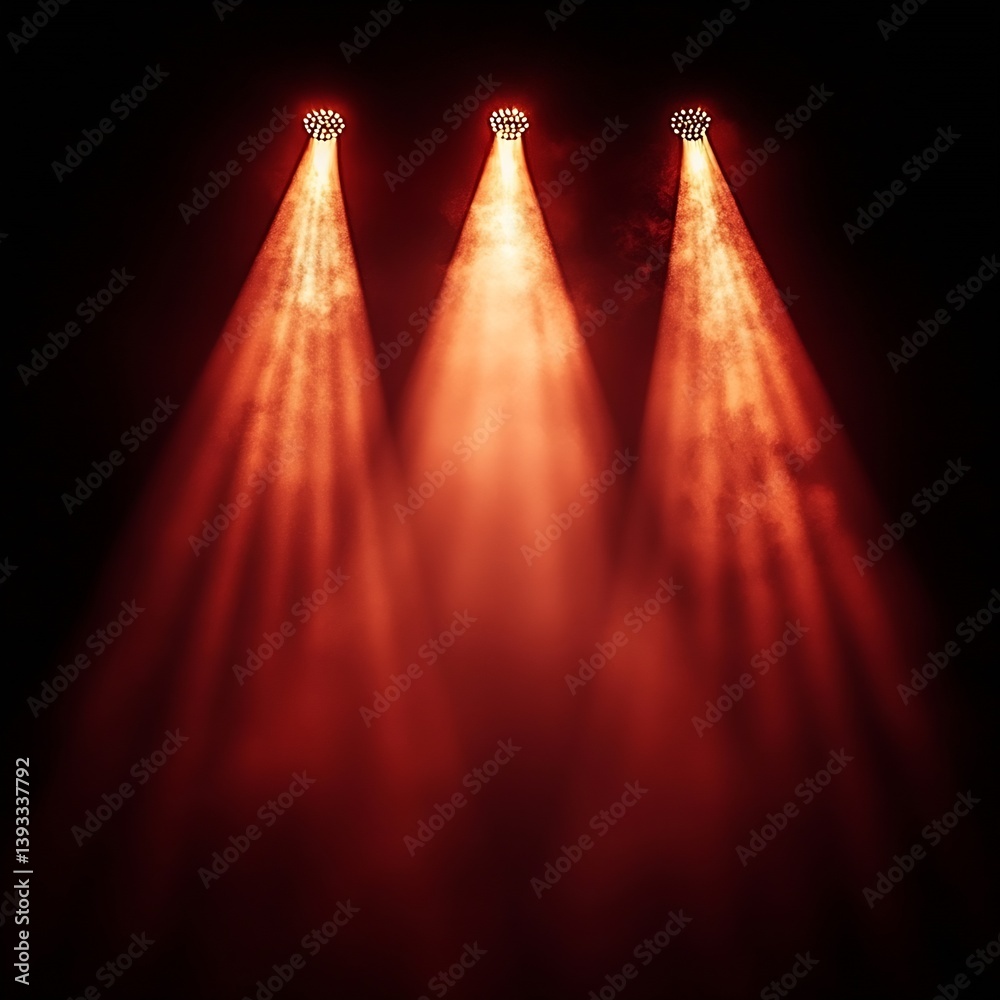 Poster Dramatic Stage Lighting with Red Spotlights Shining Down Three Beams of Light on a Dark Background for Entertainment : Generative AI