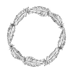 Vector illustration of a simple feather wreath in circular composition. Ideal for tribal-themed party design, wedding invitation templates, bohemian decor, branding projects, and nature-inspired