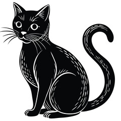 Stylized Cat Silhouette Black and White, Elegant Feline with Swirling Fur Details