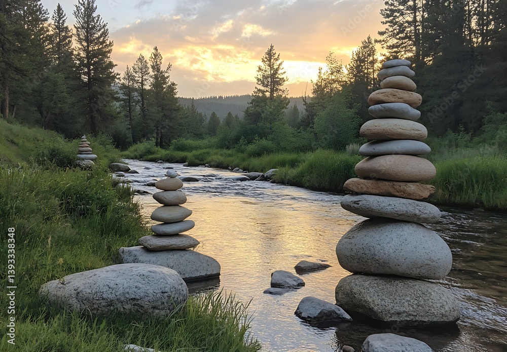 Aufkleber tranquil river scene with stacked rocks at sunset amid lush greenery and forest trees : generative a
