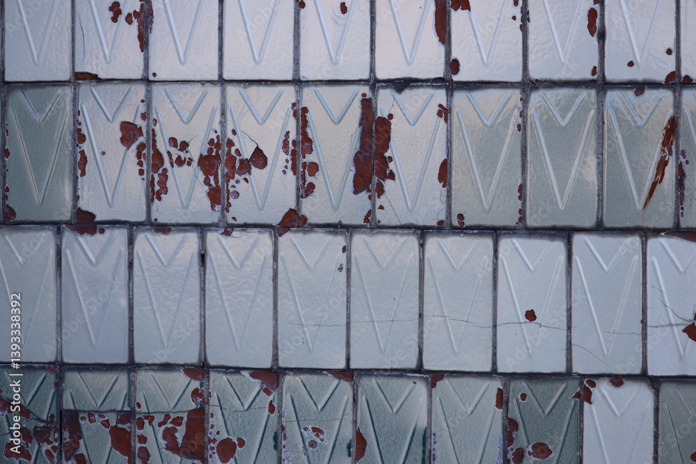 Poster close-up of a building exterior with peeling paint and weathered appearance.
