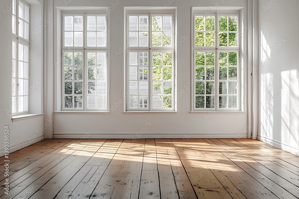 Aufkleber bright empty room with three large windows and wooden floor. minimalist interior design and natural 