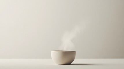 Minimalist photo of a steaming cup filled with herbal tea in a bright, neutral-toned setting