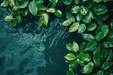 Lush green leaves float serenely on dark, rippling water, creating a tranquil scene.