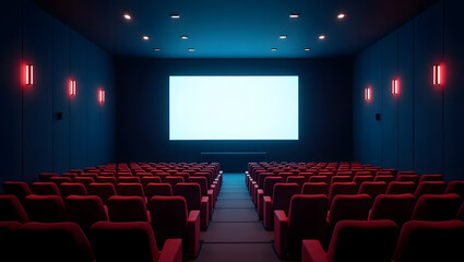 Modern cinema hall with red seats and empty screen