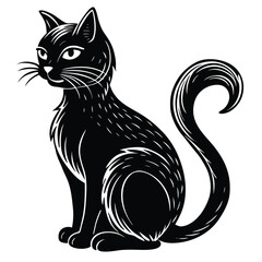 Ornate Cat Silhouette Isolated on White Elegant Feline Design with Swirling Tail