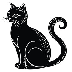 Decorative Sitting Cat with Happy Face, Stylized Curly Tail, Black and White Art
