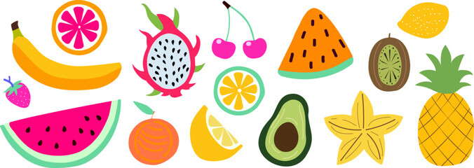 Set of exotic and tropical fruits.