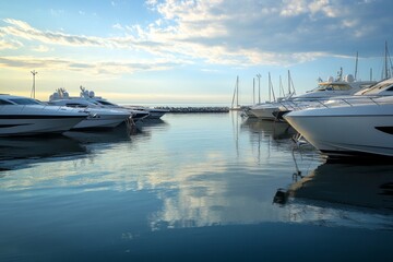 Docked boats float serenely in calm waters of a marina, reflecting the colorful sky and creating a peaceful atmosphere during sunset hours by the shore