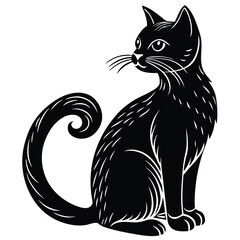 Elegant Sitting Cat Line Art, Stylish Feline Silhouette, Curled Tail, Monochromatic Design