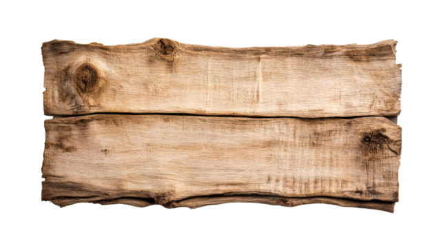 Rustic wood plank sign with knot detail, rough edges, vintage look, cut out transparent