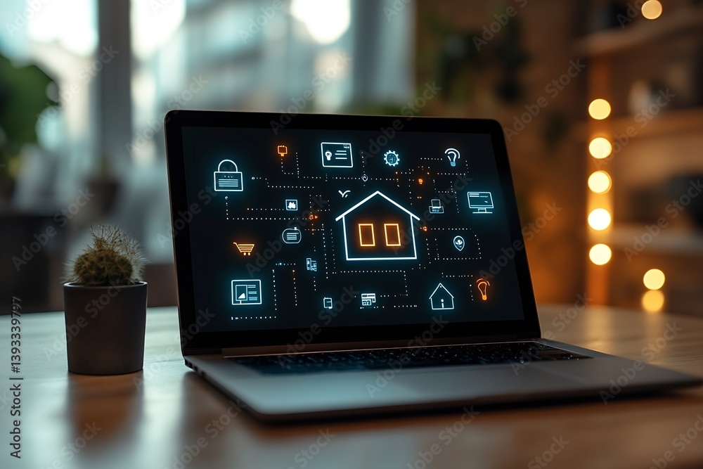 Poster laptop displaying smart home interface with glowing icons connected living technology : generative a
