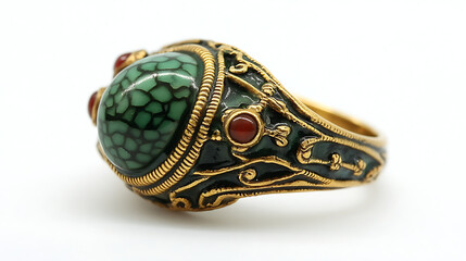Fototapeta premium Ornate Green Stone Ring on White Background