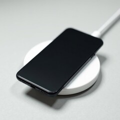 A sleek smartphone rests on a modern wireless charging pad showcasing a minimalist design. The device is charging efficiently highlighting contemporary technology in a clean environment.