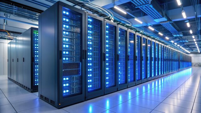 cloud computing solutions infrastructure hybrid. Data center filled with server racks, illuminated by blue lights, showcasing a modern technological environment.