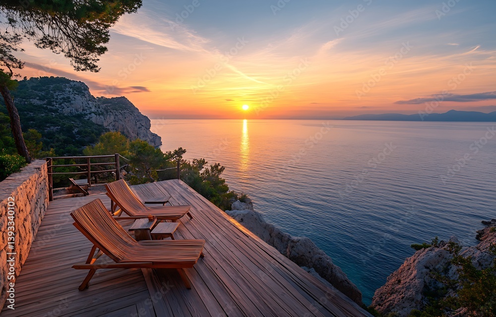 Poster serene sunset view from a wooden deck overlooking a calm sea with hills in the background : generati