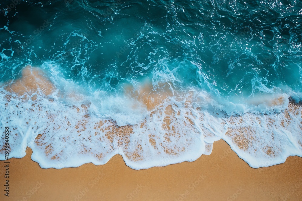 Poster aerial view of ocean wave crashing on sandy beach with turquoise water and white foam : generative a