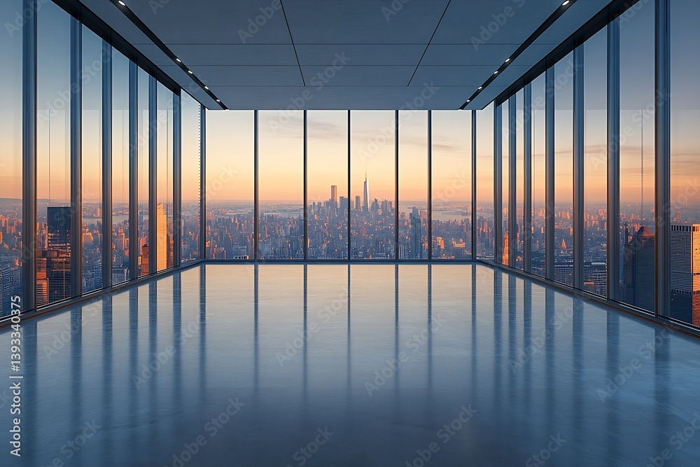 Aufkleber Modern Office Space with Panoramic City View at Sunset Clean Architecture and Minimalist Design for Business : Generative AI