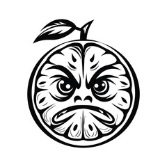 Angry Orange Fruit Silhouette with Leaf, Minimalist Logo, Black and White Design Style