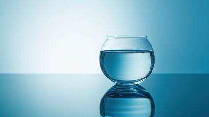 A close-up of a round-bottom flask with clear water, standing on a reflective lab table under blue lighting