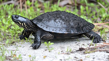 Obraz premium Side view of a turtle mid-stride across a natural grass floor with soil patches