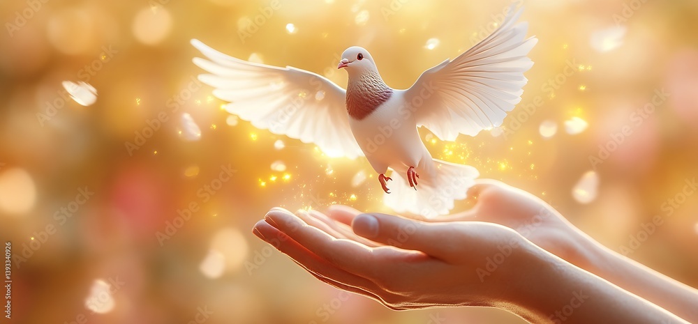 Poster A magnificent dove takes flight from open hands glowing with ethereal light : Generative AI