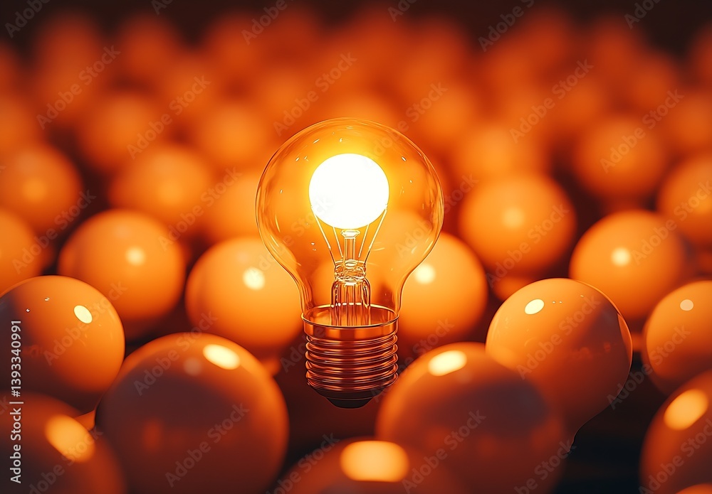 Poster bright glowing light bulb surrounded by dull bulbs representing innovation idea and inspiration conc