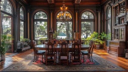 Fototapeta premium Grand dining room with ornate details, overlooking a serene landscape