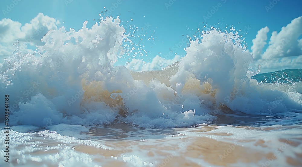 Aufkleber Crashing Ocean Wave on Sandy Beach A Dynamic Coastal Scene of Water Foam and Sunlight Under a Blue Sky : Generative AI
