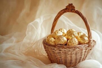 A wicker basket filled with golden wrapped chocolates on a soft draped fabric background scene view