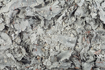 Burnt paper as background, top view. Damaged pages. Destruction evidence. Contract burning.