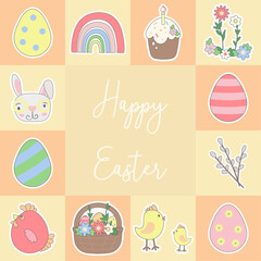 Colorful Easter-themed vector illustration featuring festive elements such as Easter eggs, bunnies, spring flowers, and decorative ornaments. Perfect for holiday cards, seasonal promotions.