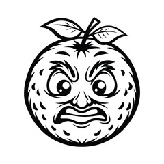 Angry Citrus Detailed Black and White Icon of a Fruit with Aggressive Facial Expression