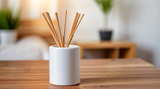 Aromatic reed diffuser in a minimalist interior setting with soft lighting and greenery