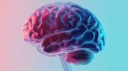 Digital artwork of a human brain with vibrant pink and blue hues to illustrate thought processes
