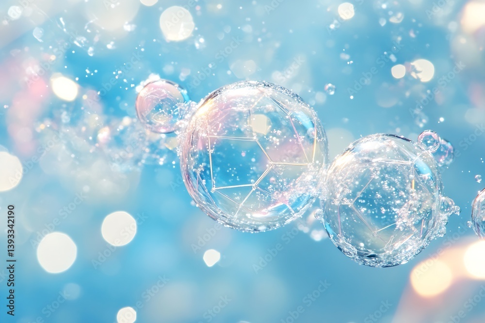 Poster abstract sparkling bubbles on blue background water droplets festive bokeh effect celebration and jo
