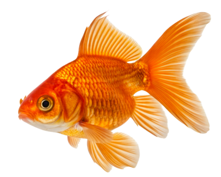 A vibrant orange goldfish with detailed scales and fins swimming on a transparent background for aquarium pet design