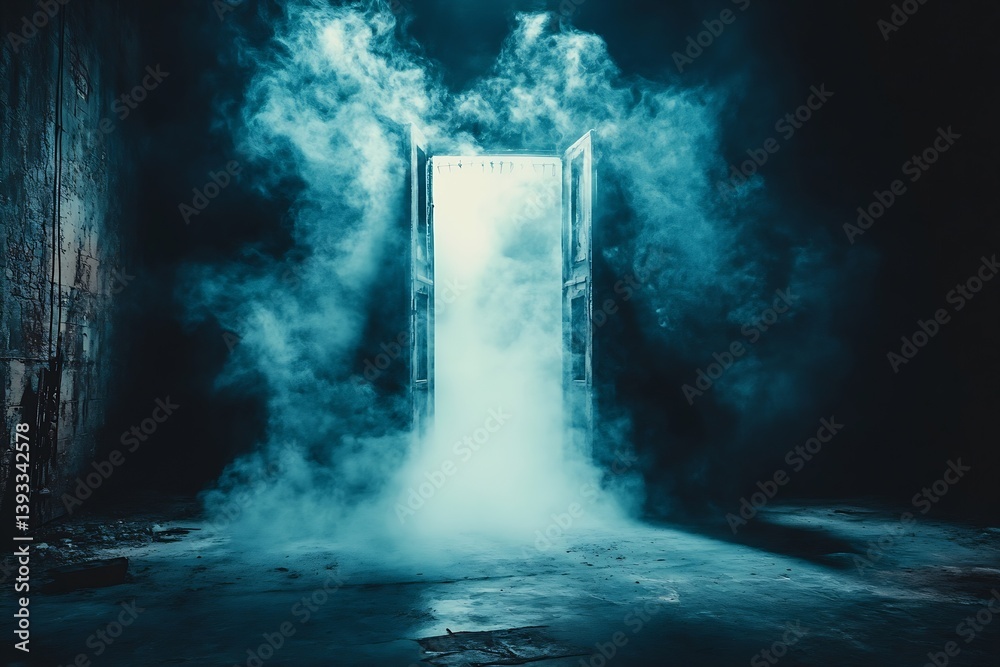 Poster mysterious open doorway with eerie smoke and light dark abandoned room haunted house concept fantasy