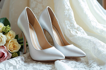 Exquisite Bridal Details: Elegant White High-Heeled Shoes and a Delicate Bouquet of Light-Colored Roses Resting on Soft White Lace Fabric