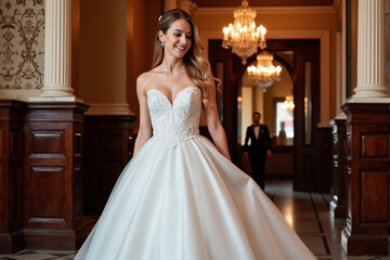 Naklejka premium Radiant Bride in a Stunning White Wedding Dress with a Sweetheart Neckline and Flowing Skirt Gracefully Holding Her Dress in an Ornate Hallway