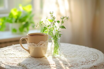 Intimate Mother's Day breakfast with a cozy mug of mocha coffee and a small vase of sweet peas on a lace-covered table in a sunlit room.