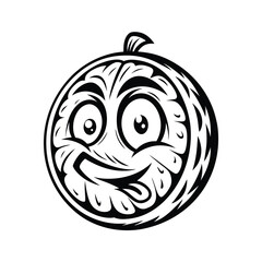 Crazy Cartoon Fruit Character Round, White, Black Outline, Eyes, Smile, Tongue