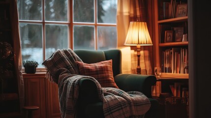 A cozy corner with a vintage armchair, plaid throw blanket, and soft lighting in a European country cottage