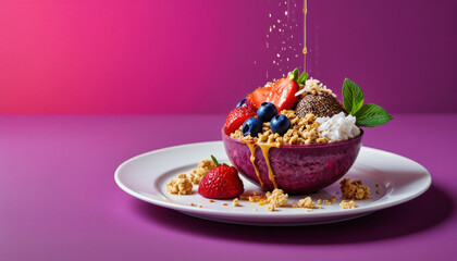 Vivid design food and beverage advertisement: A vibrant smoothie bowl, decorated with fresh berries, granola, and a drizzle of honey, sits elegantly on a white plate against a purple gradient backgr