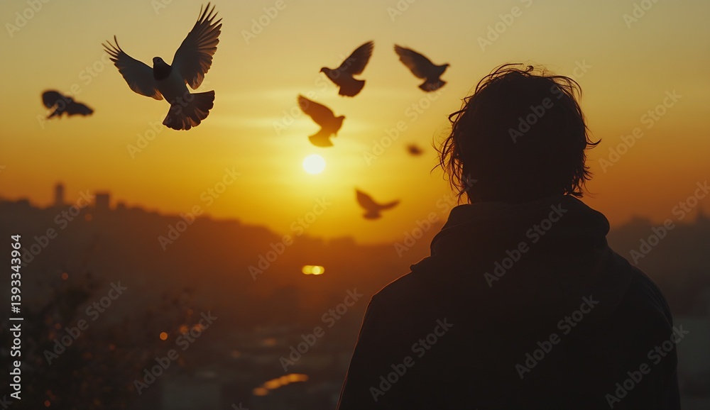 Poster silhouette of a person watching birds soar during a stunning sunset in a tranquil setting : generati