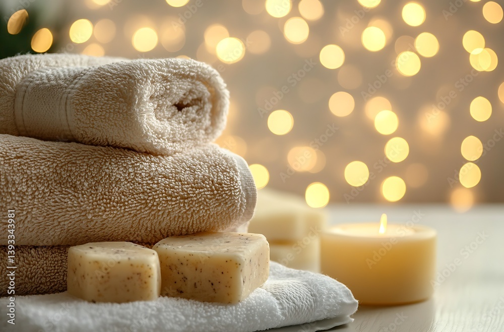 Fototapete serene spa setting featuring stacked towels natural soap and a calming atmosphere with warm lights :