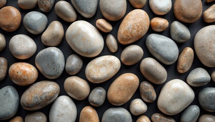 Obraz na płótnie Canvas Bird-eye view of smooth river rocks. Pebbles of various shapes, sizes, colors. Stone background, natural material. Zen-like composition. Abstract pebble pattern. Perfect for zen meditation, spa